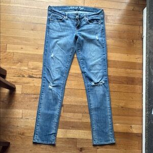 American Eagle Outfitters Blue Skinny Jeans with Modern Distressing